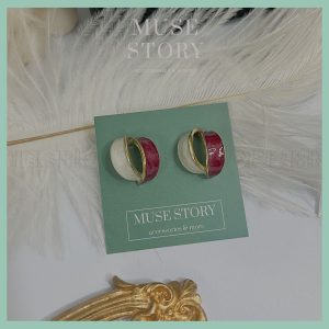 Khuyên tai mặt đá hai vòng cung, kết hợp 2 màu đỏ trắng