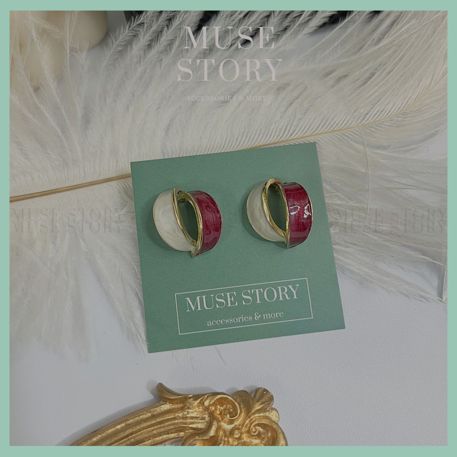 Khuyên tai mặt đá hai vòng cung, kết hợp 2 màu đỏ trắng