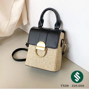 Túi cói dáng đứng, nắp gập bằng da thời trang phù hợp mọi phong cách TX09 màu đen