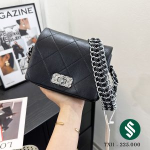 Túi trám da, dây xích bạc to thời trang với 3 đen, trắn bạc