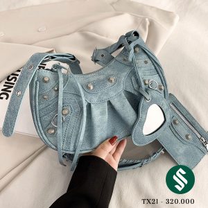 Túi Balen jeans, kèm ví nhỏ và gương tim xinh xắn