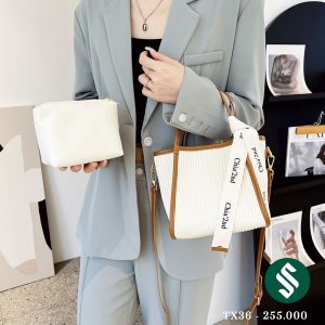 Set túi Chia’2nd kèm ví siêu xinh màu trắng viền nâu dễ phối đồ