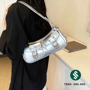 túi kẹp nách dáng bầu 2 túi nắp gập thời trang màu bạc