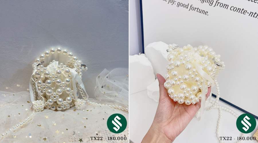 túi ngọc trai mini lót lụa sang trọng, phù hợp với trang phục ngày tết